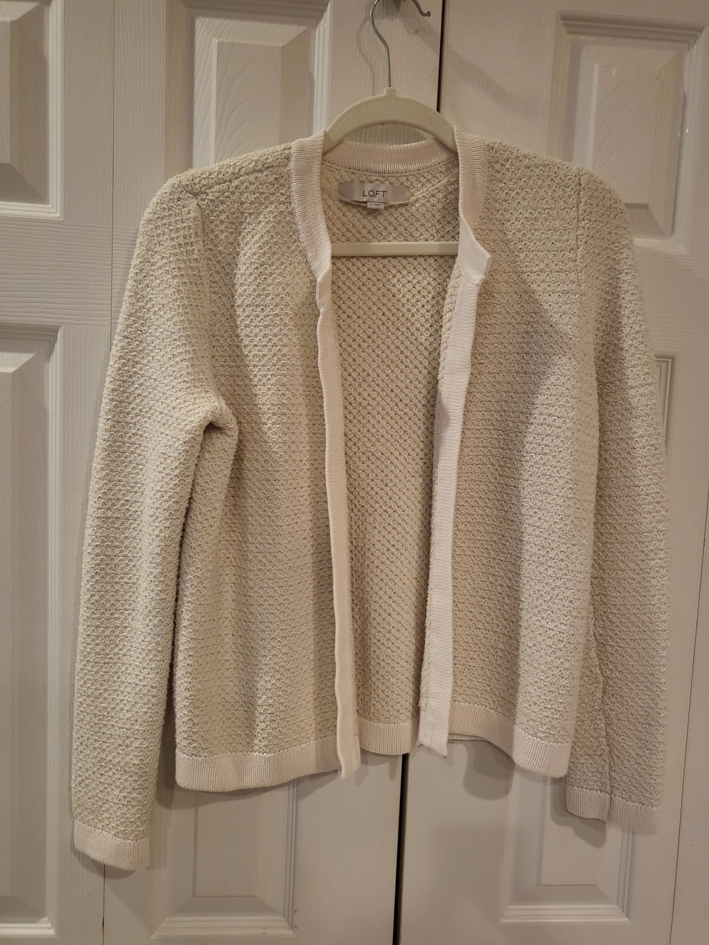 LOFT Cream Oatmeal Textured Basketweave Open Front Cardigan Sweater M